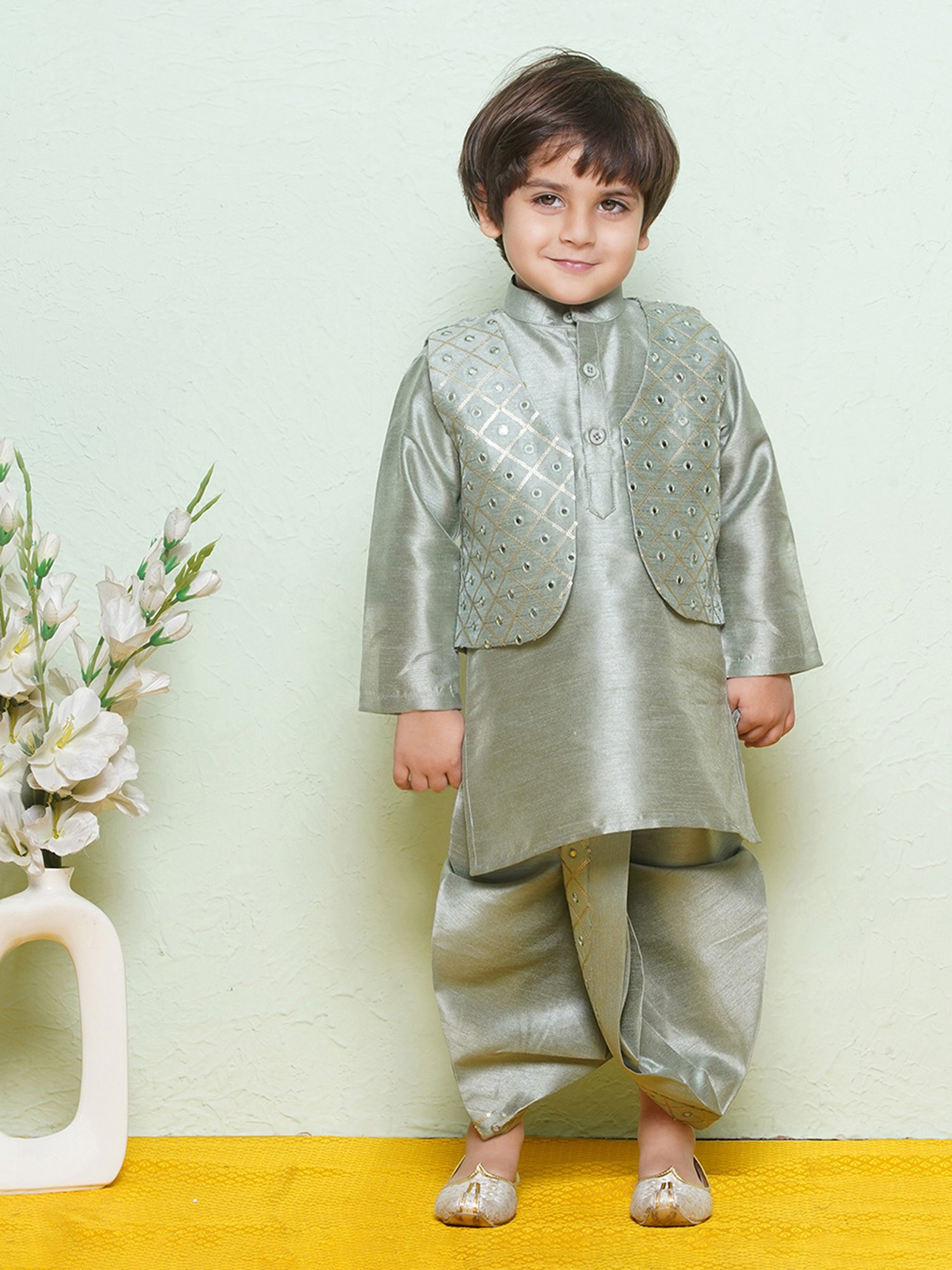AJ Dezines Kids Green Embellished Full Sleeves Kurta, Dhoti with Waistcoat