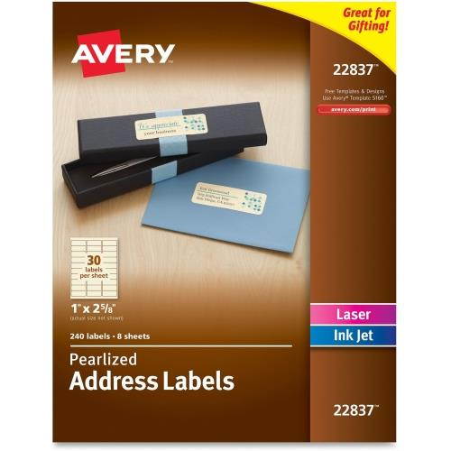 Avery Address Labels, Permanent Adhesive,  Pearlized, Ivory, 1" x 2-5/8", 240 Labels (22837)