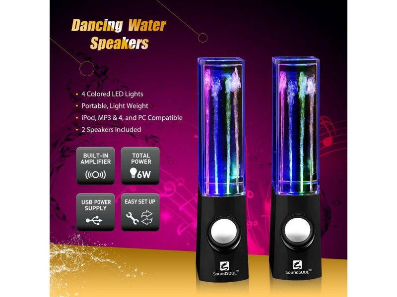Water Dancing Speakers Light Show Water Fountain Speakers LED Speakers (3.5mm Audio Plug, 4 Colored LED Lights, Portable Speakers) - Black