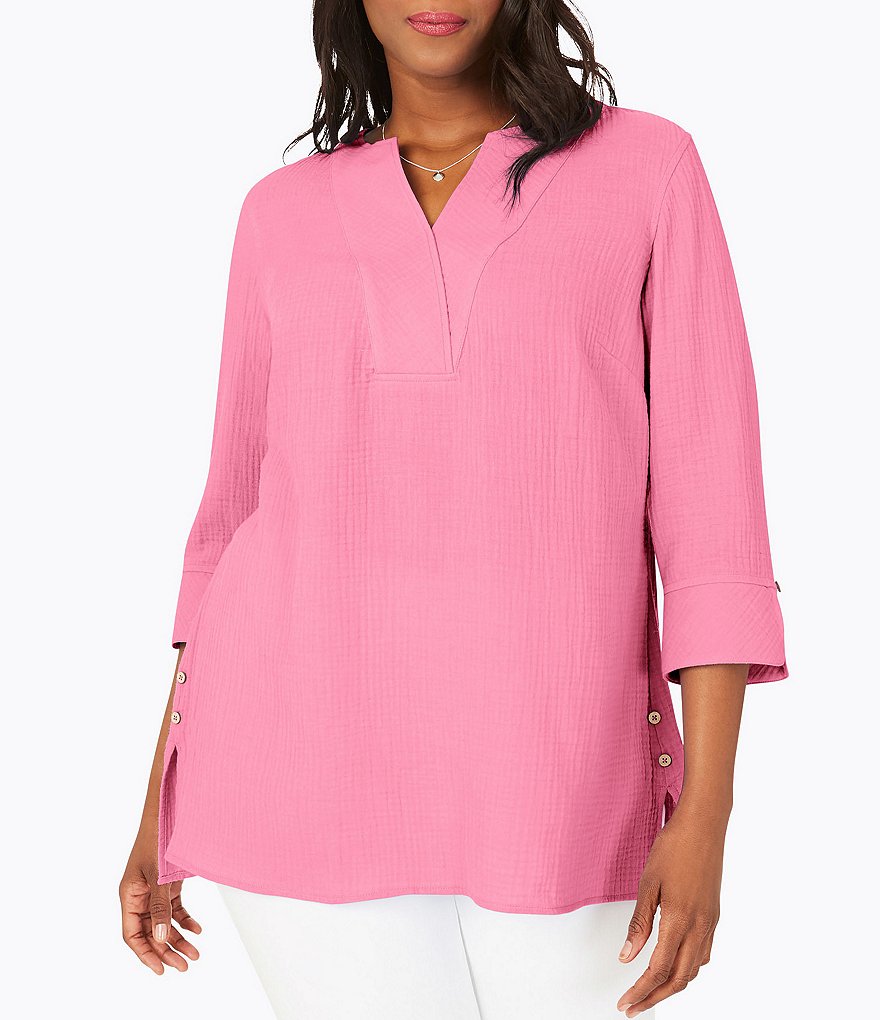 Foxcroft Plus Size Vena Gauze 3/4 Sleeve Split Round Neck Top