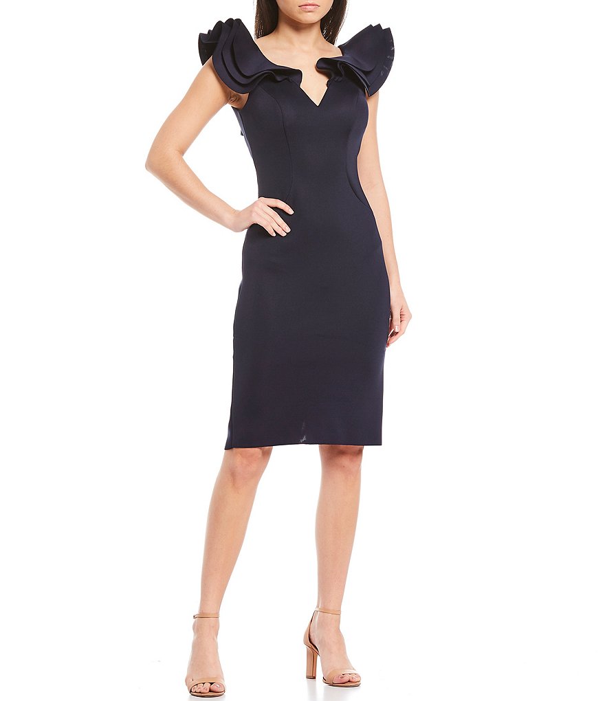 Laundry by Shelli Segal Ruffle Front Stretch Crepe Faux Wrap Dress