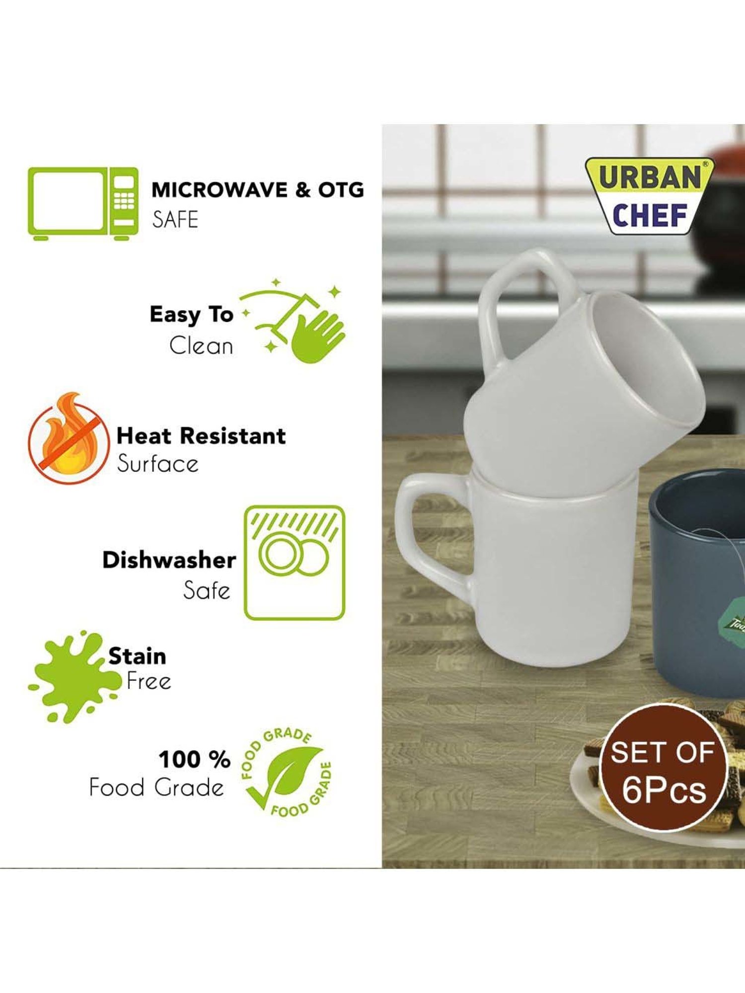 Urban Chef White & Dark Green Ceramic Droite Handcrafted Microwave Safe Cup - Set of 6