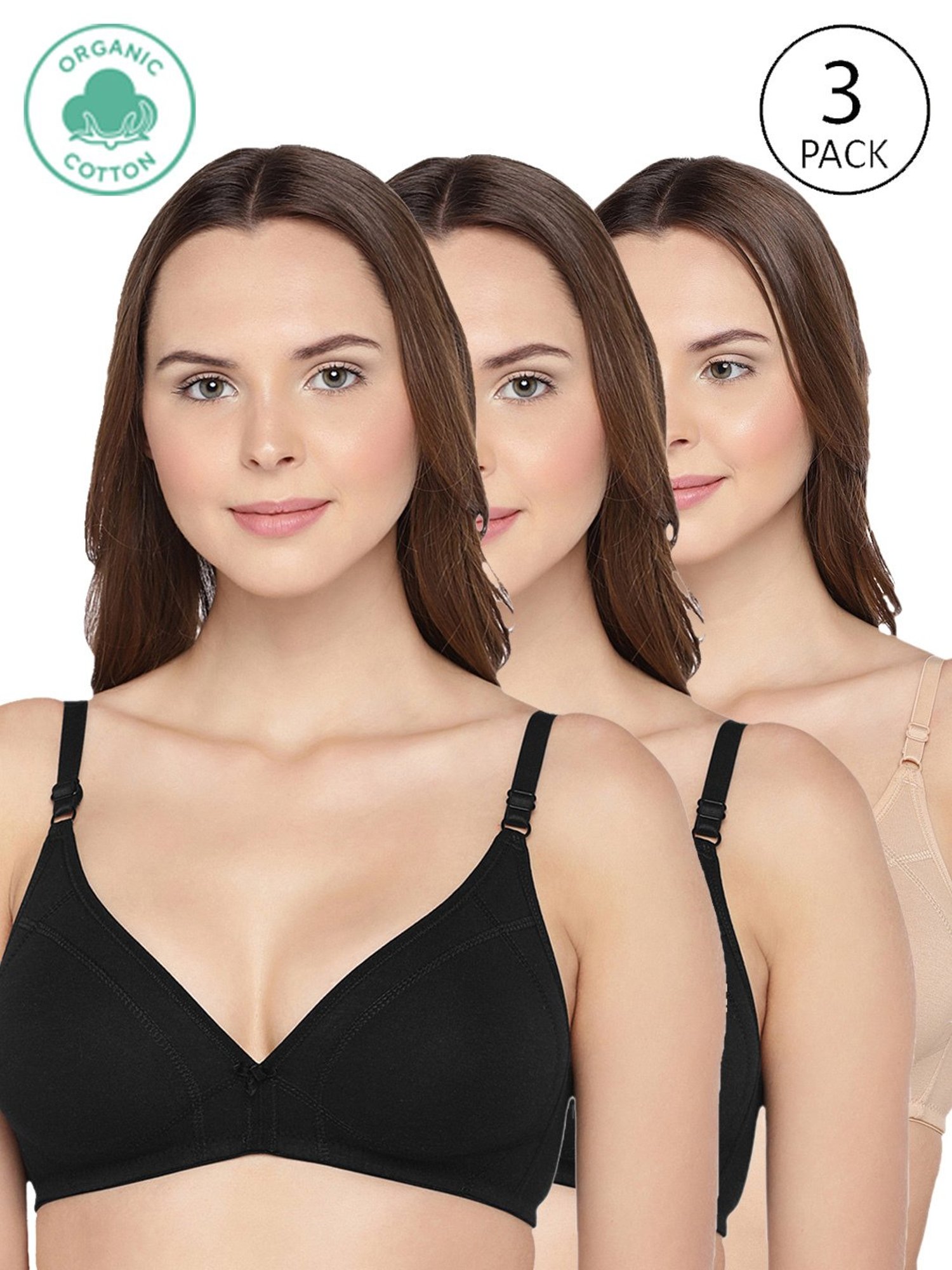 Inner Sense Black & Beige Half Coverage T-Shirt Bra - Pack of 3