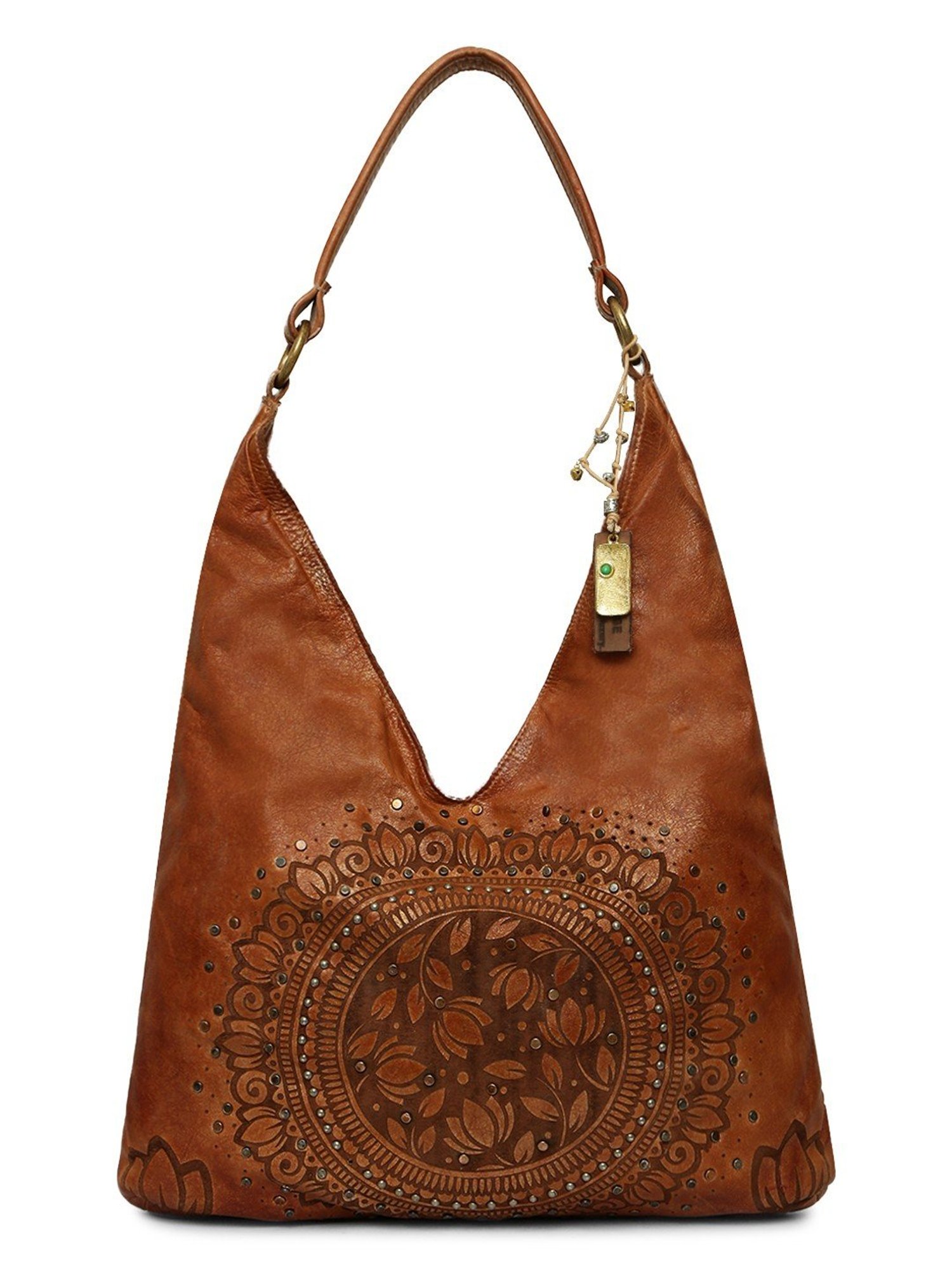 Art N Vintage Luminosa Cognac Leather Floral Large Hobo Handbag