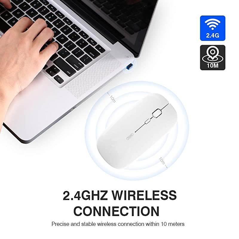 Wireless Mouse Rechargeable  Ultra Thin 1600 DPI Mini 24GUSB Receiver Portable Mobile Silent Optical Cordless Mouse Mice for LaptopPCComputerMac White