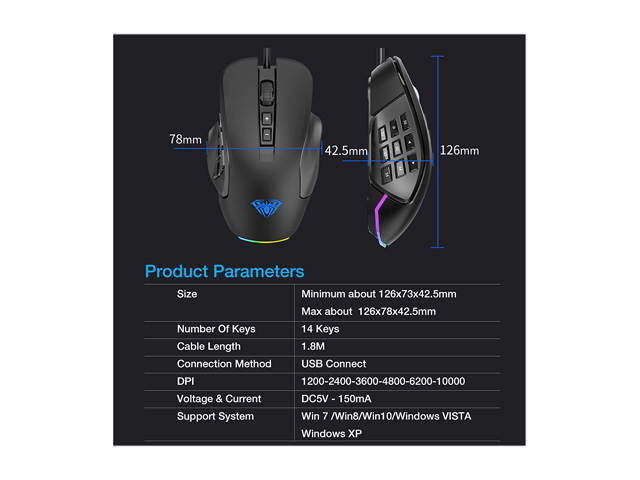 AULA H510 RGB Gaming Mouse with 9 Side Buttons High Precision 10000 DPI Optical Sensor, Fire Button Computer Mice 14-Programmable-Buttons for PC/Gamer