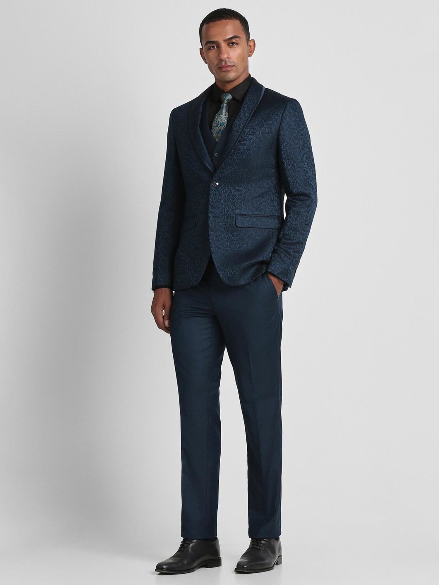 Peter England Elite Navy Slim Fit Printed Three Piece Suit