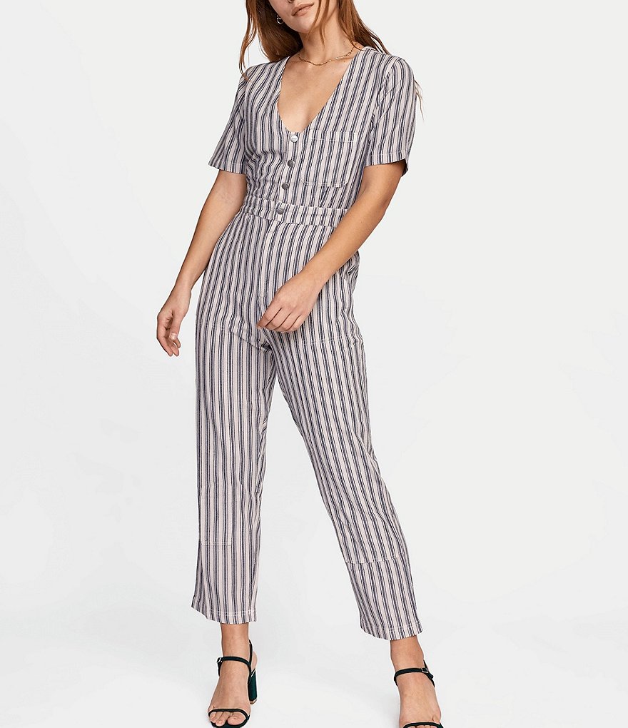 RVCA Range Short-Sleeve Overdye Yarn-Dye-Stripe Jumpsuit
