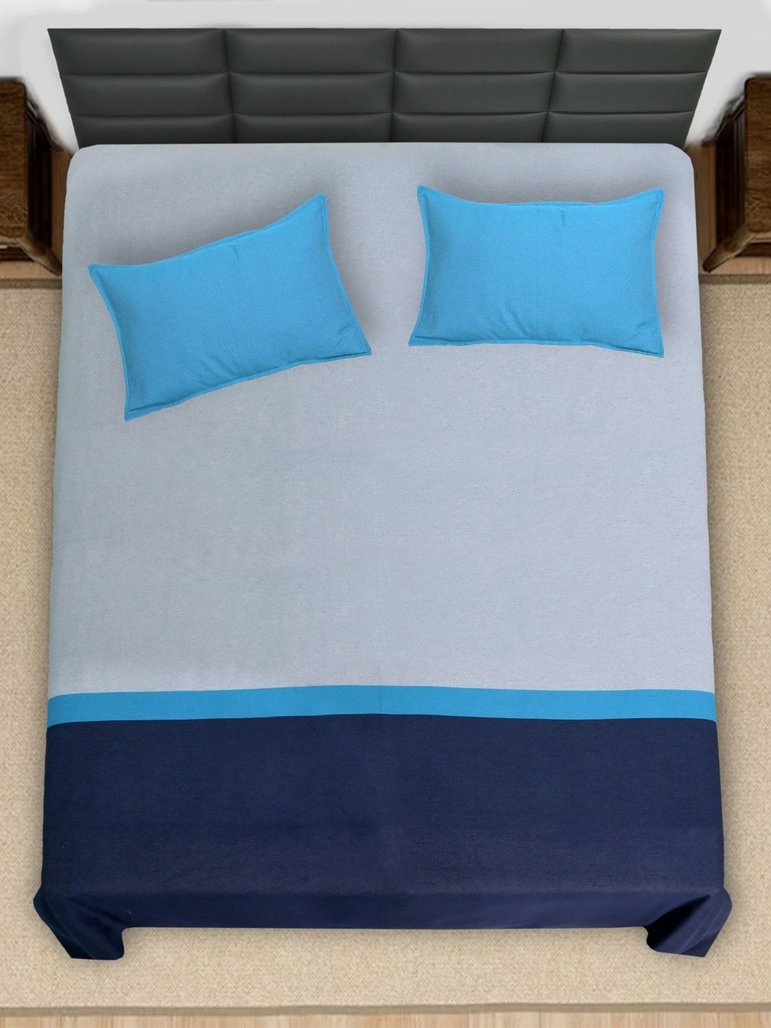 Saral Home Awning Handmade Stripes Blue 200 TC Cotton Queen Bedsheet with 2 Pillow Covers