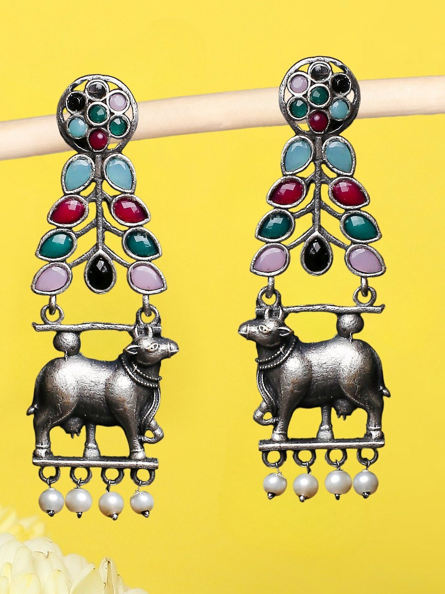 OOMPH Silver Oxidized Look Alike Made in Indian Cow Shape Ethnic Dangler Earrings