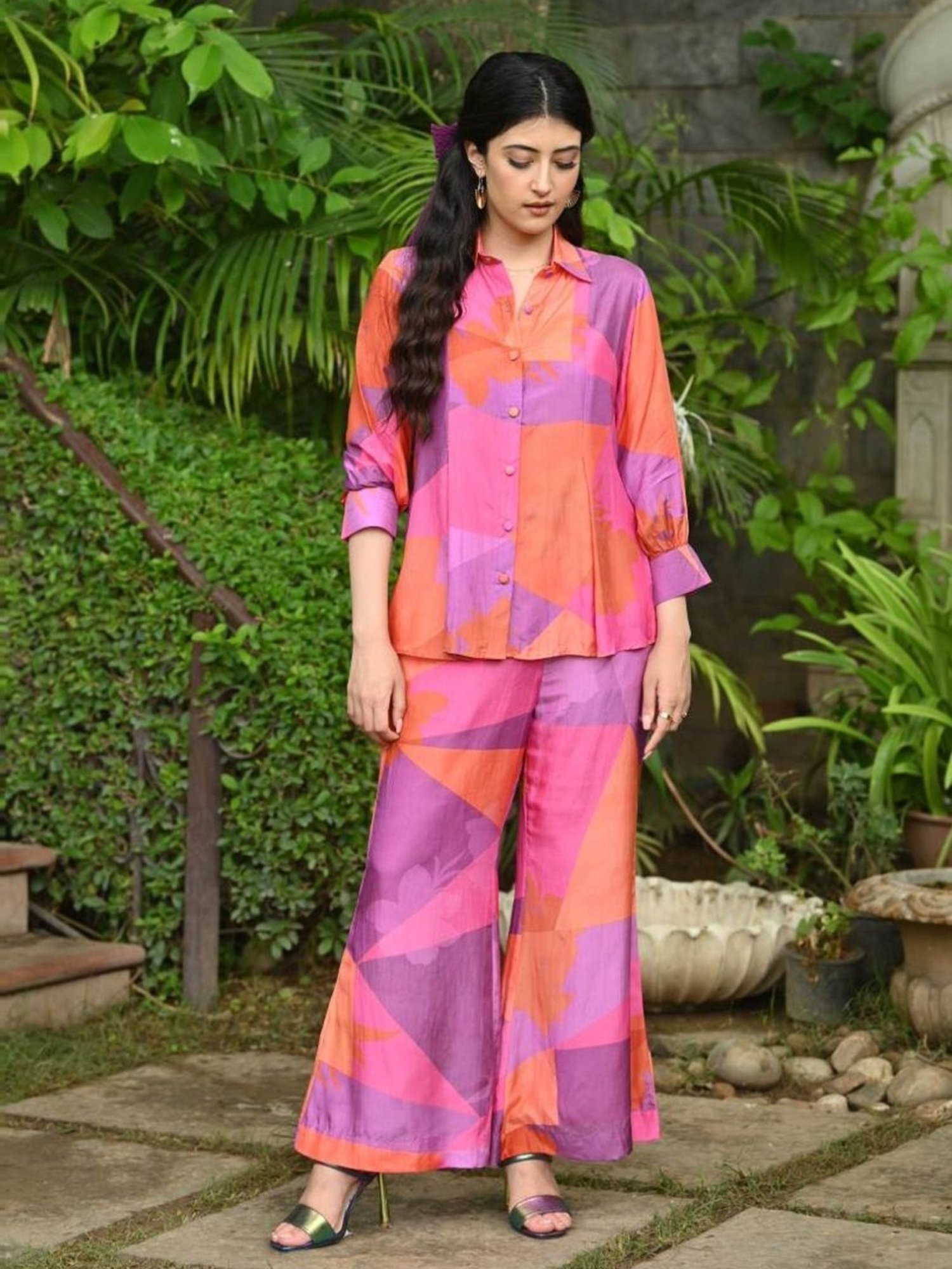 Mahee Jaipur Purple & Orange Purple and Orange Geometric Botanic design Shirt with Pant Co-ord Set
