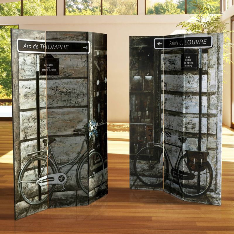 6" Double Sided Parisian Bicycles Canvas Room Divider Gray - Oriental Furniture