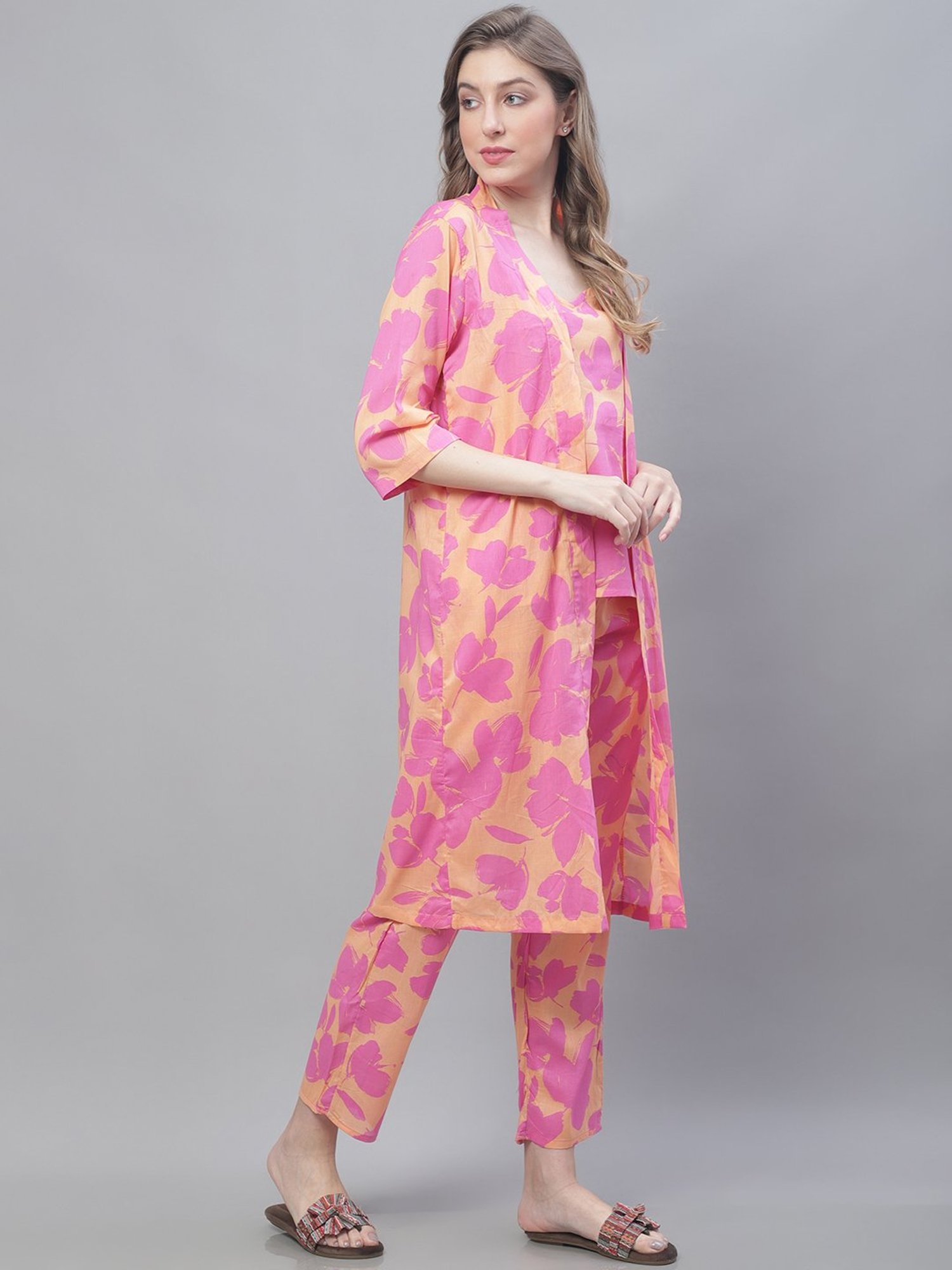 TAG 7 Pink & Beige Printed Top & Pant With Shrug Set