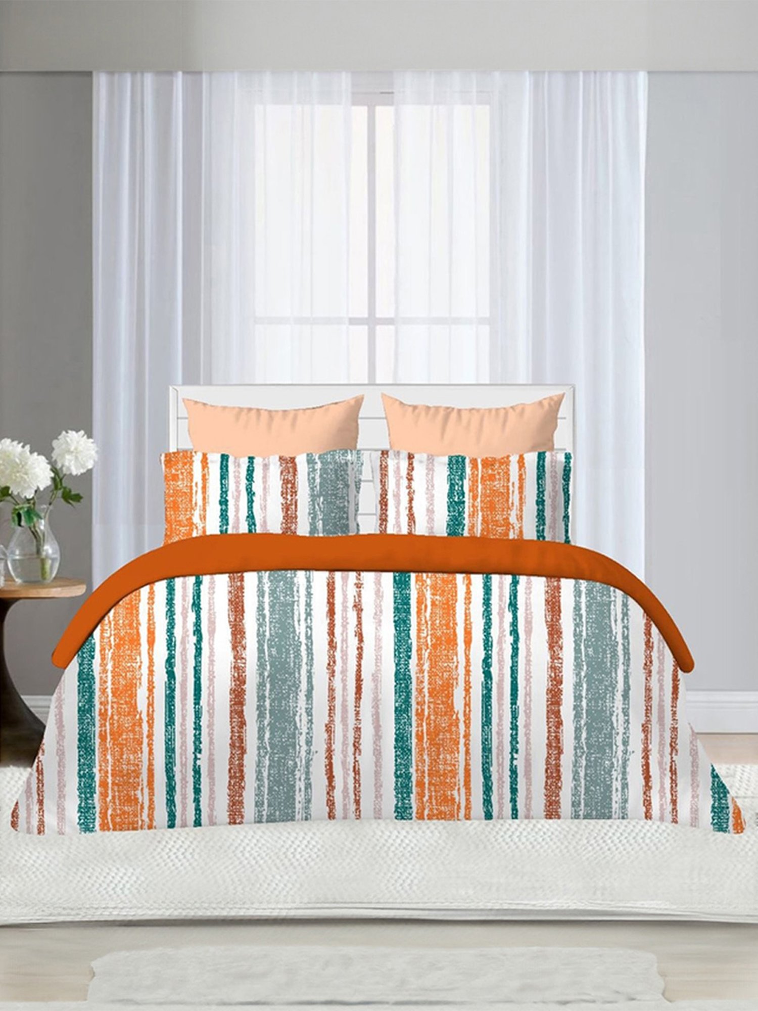 Ariana Stripes Multicolor Microfibre Super king Bedsheet with 2 Pillow Covers