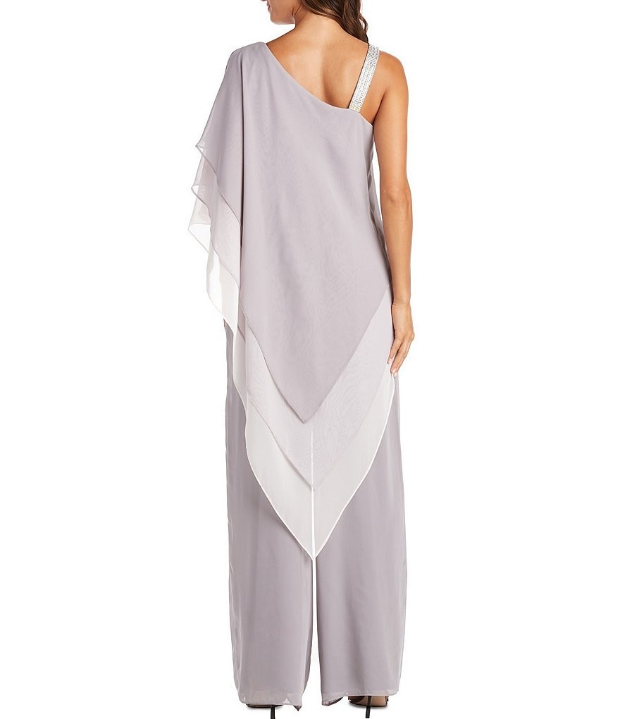 R & M Richards Ombre Chiffon Caplet One Shoulder 2-Piece Pantsuit