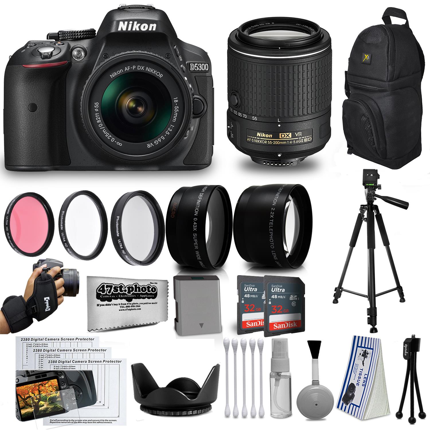 Nikon D5300 24MP DSLR Digital Camera AF-P 18-55mm + NIKKOR Lens 55-200mm + High Definition Professional 3 Piece Filter Kit + 64GB Memory SD Card Accessories Bundle Kit