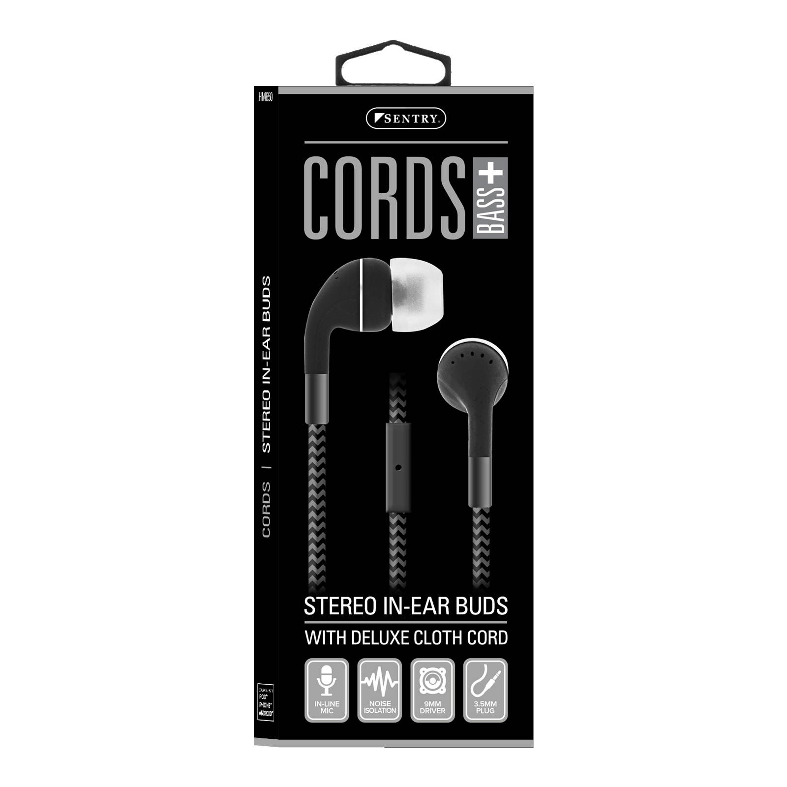 SENTRY Cords Stereo Earbuds with deluxe cloth cord & inline mic  BLACK HM650-BLACK