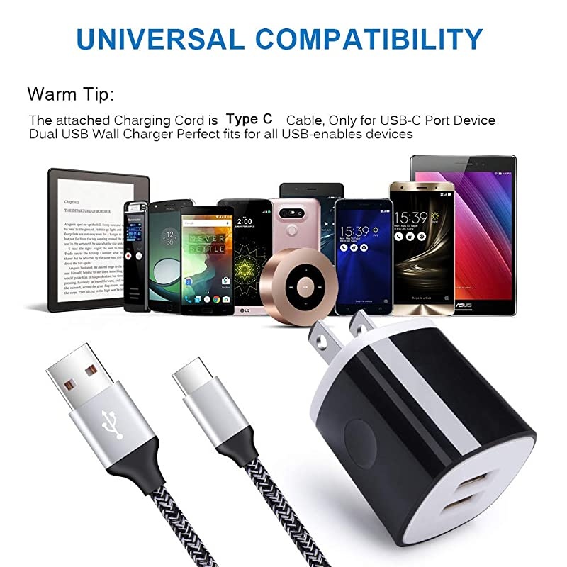 USB C Charger,  Dual Port 2.1A Charger Block Plug with 6ft Type C Fast Charging Cable for Samsung Galaxy S21 S20 Note 21 20 Ultra S10 A50, LG Stylo 6/5/4 G8 G7 ThinQ, Moto G9 G8 G7,OnePlus 7 6T
