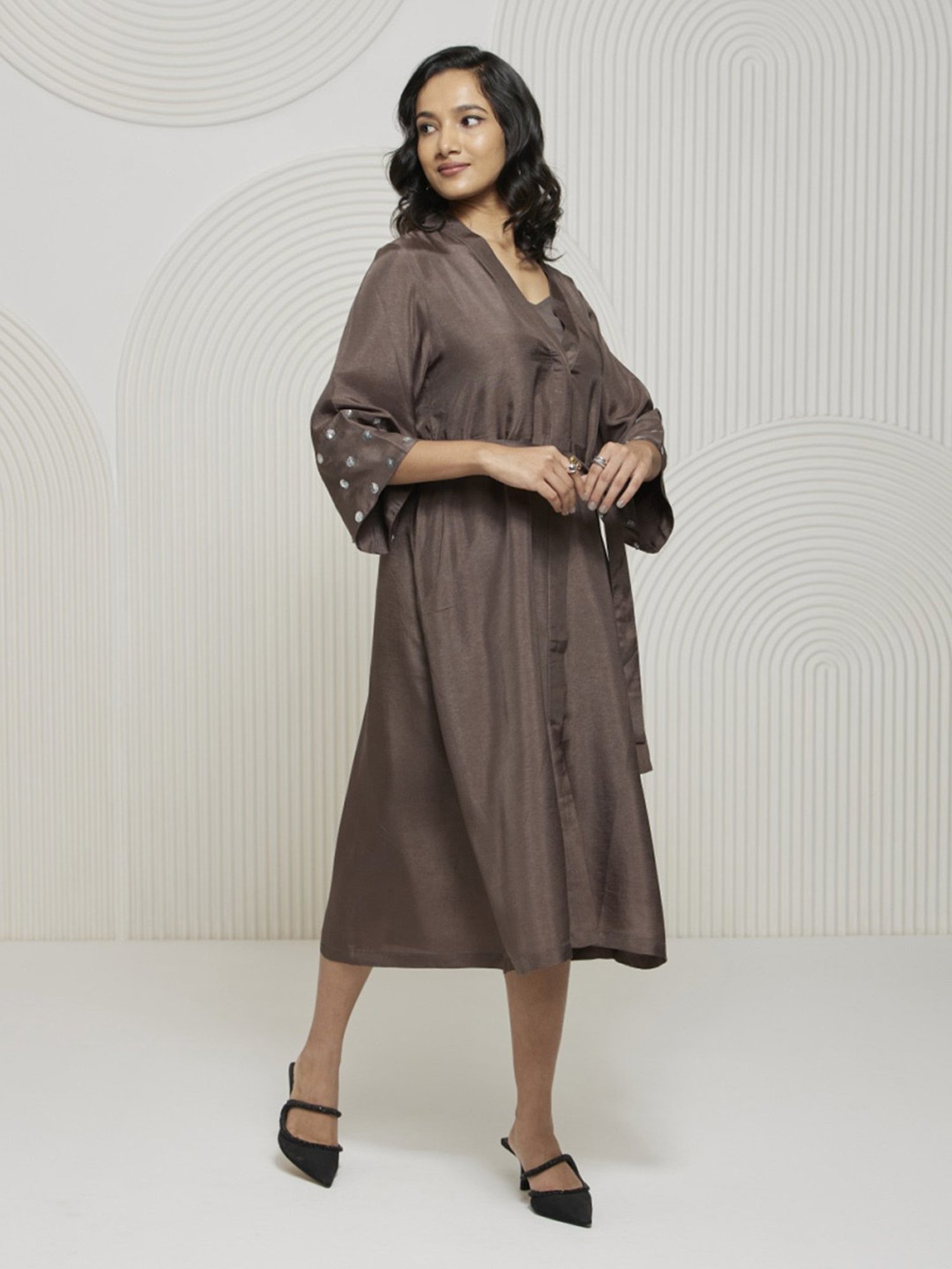 Artagai Granite Grey Romancing Aari Shirt Dress With Tie-Up And Embellished Sleeve