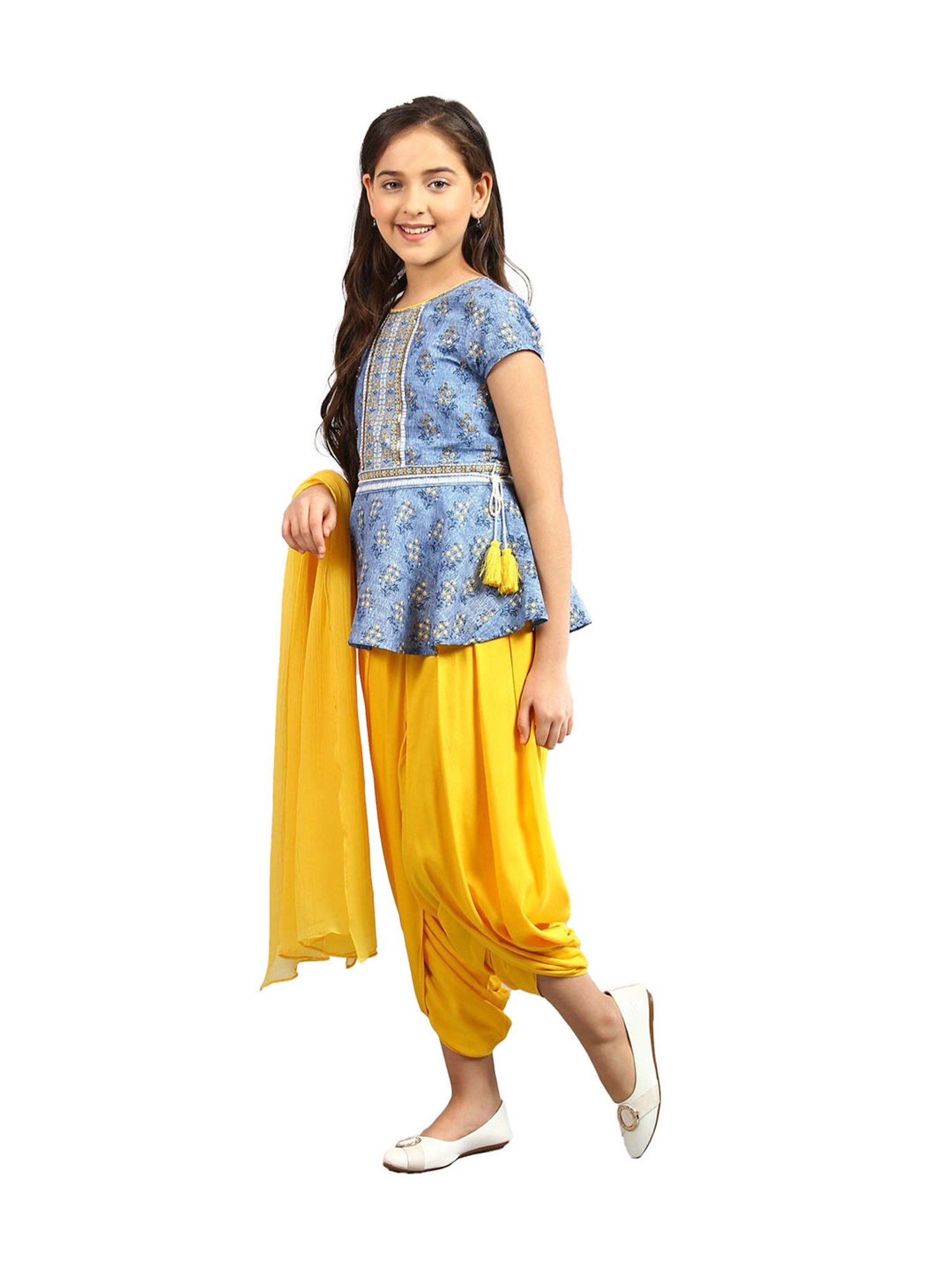 Aurelia Kids Blue & Yellow Printed Top, Salwar with Dupatta
