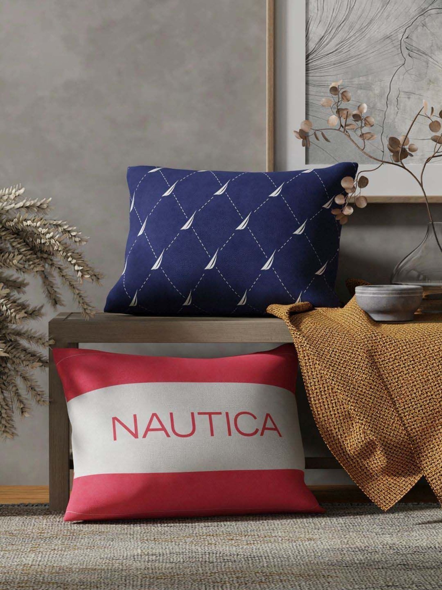 Nautica Logo Stripe Navy & Coral Microfibre 300 GSM Premium Cushion Covers - Set of 2