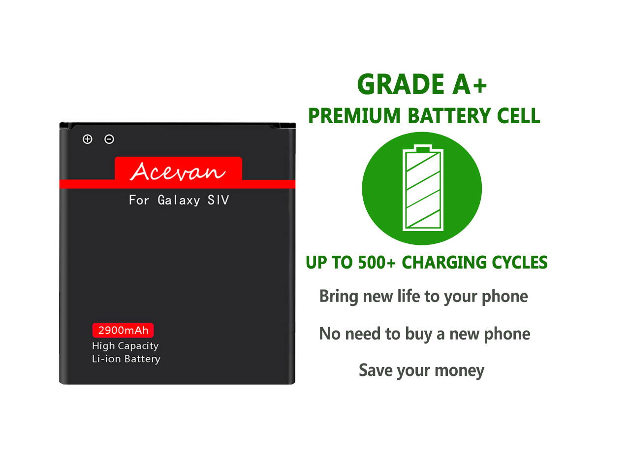 Galaxy S4 Battery, Acevan 2900mAh Li-ion Replacement Battery for Samsung Galaxy s4, I337(AT&T), Verizon I545, Sprint L720, T-Mobile M919, R970, I9500, I9505, Galaxy S4 LTE I9506 [2 Years Warranty]