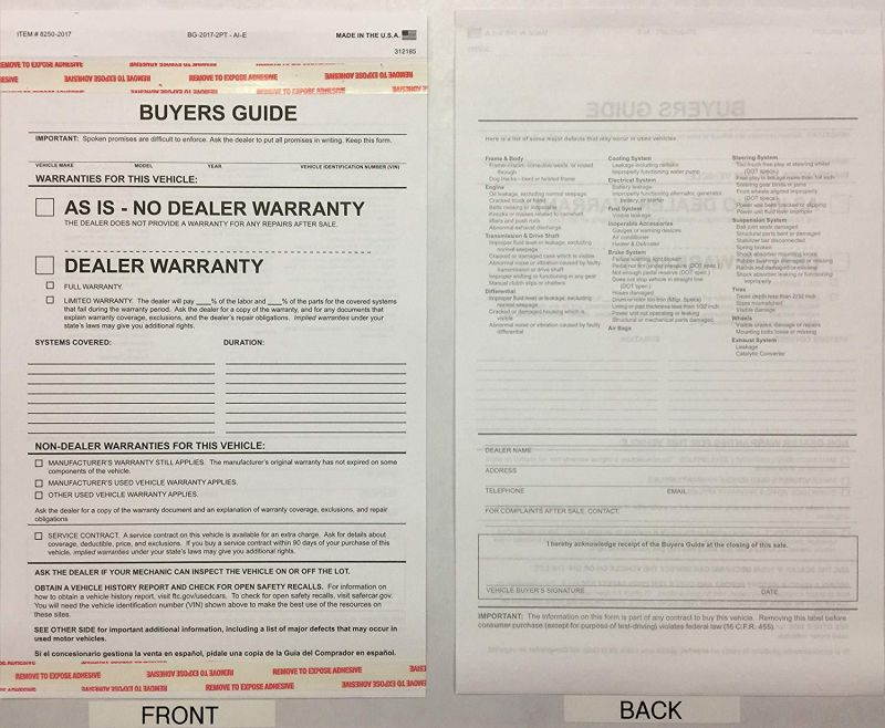 2-part Buyers Guide Form - Adhesive Tape - English - As Is - Warranty (100 Per Pack)