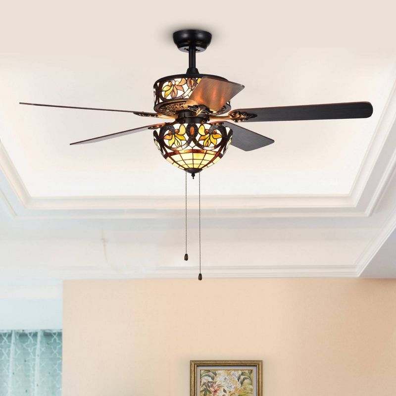 52" x 52" x 23" Jyrku Yellow Flower Tiffany Ceiling Fan Black/Brown - Warehouse of Tiffany
