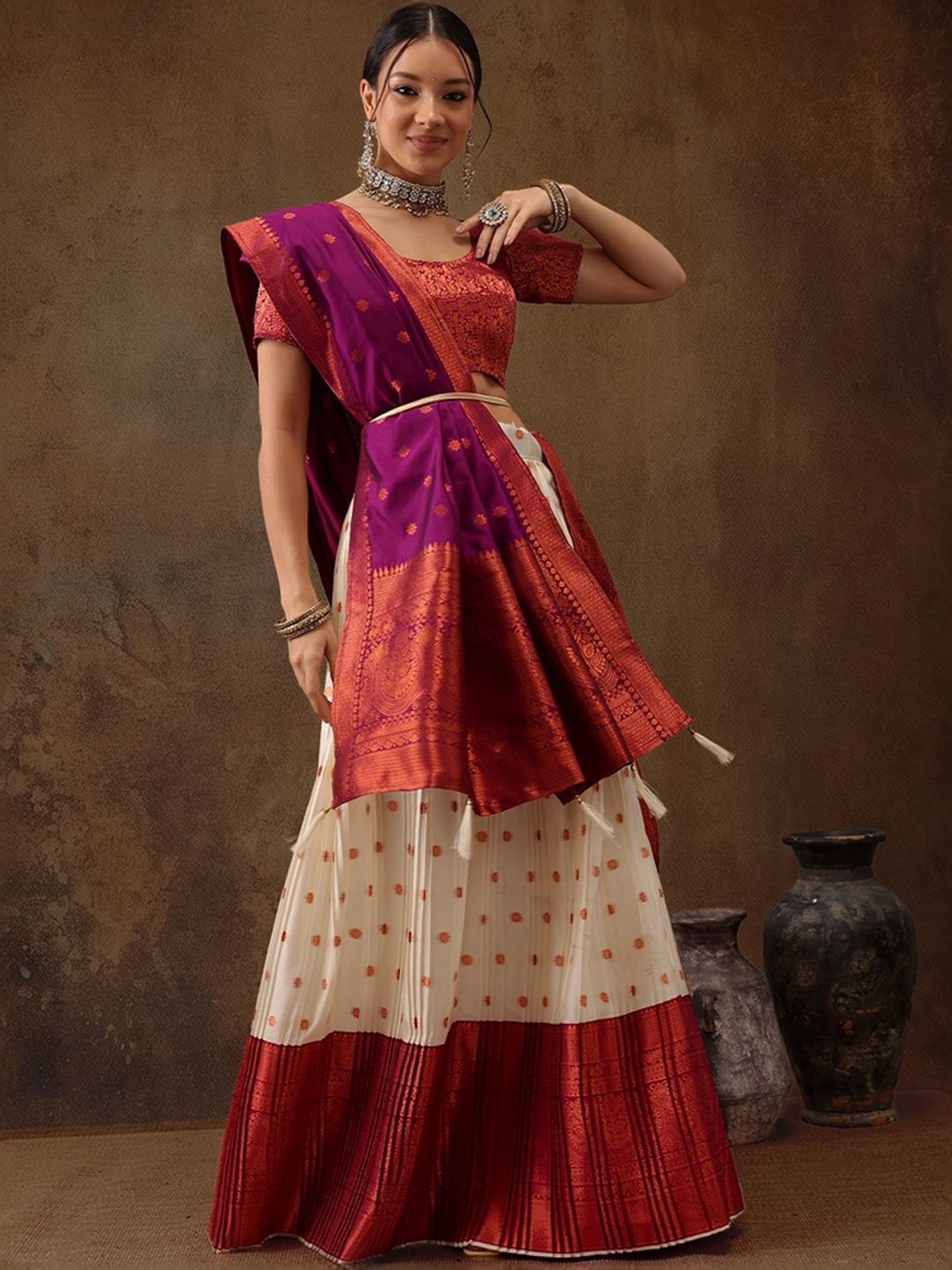 Silk Land Beige & Purple Woven Pattern Semi Stitched Lehenga Choli Set With Duppata