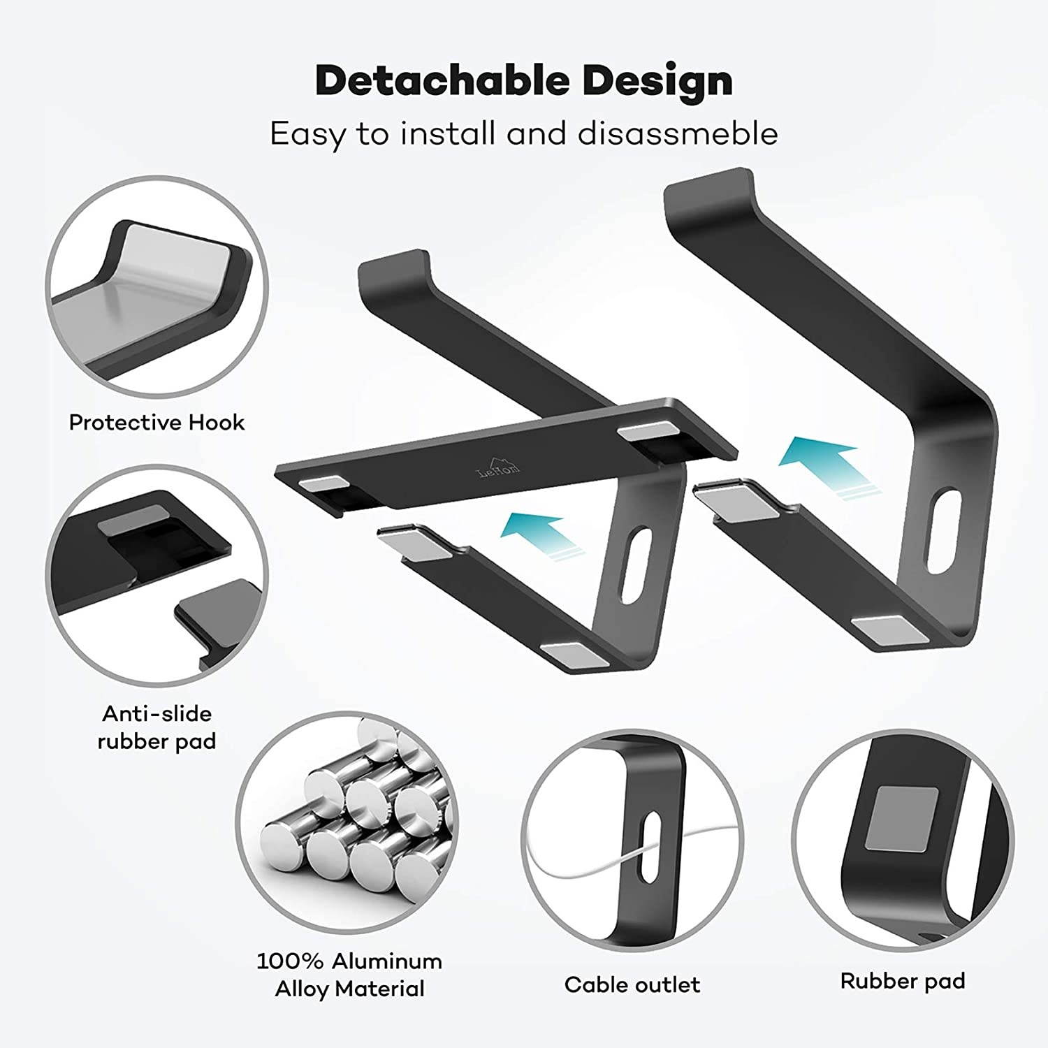 LEHOM Laptop Stand Aluminum Ergonomic Computer Raised Stands Holder Laptop Riser For Desk Detachable Desktop Stand Elevator for Macbook Pro Air Chromebook Dell HP More 10-15.6 inch LaptopsBlack