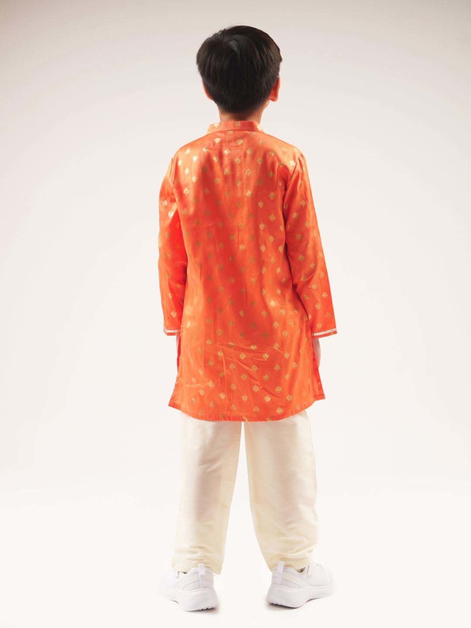 Lil Drama Kids Orange & White Cotton Embroidered Full Sleeves Kurta Set
