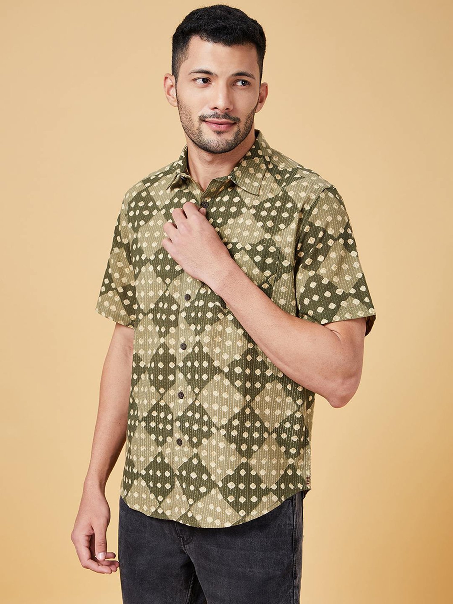 Indus Route By Pantaloons Sage Green Cotton Regular Fit Printed Shirt