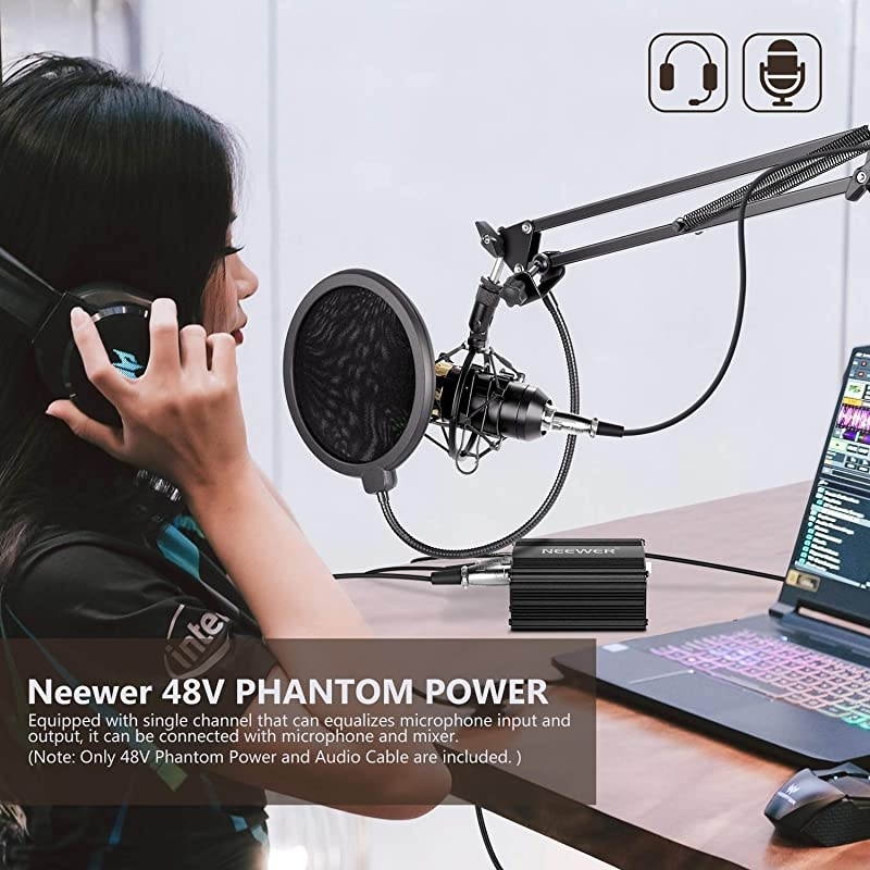 1-Channel 48V Phantom Power Supply with Adapter, BONUS+XLR 3 Pin Microphone Cable for Any Condenser Microphone Music Recording Equipment (8 feet)