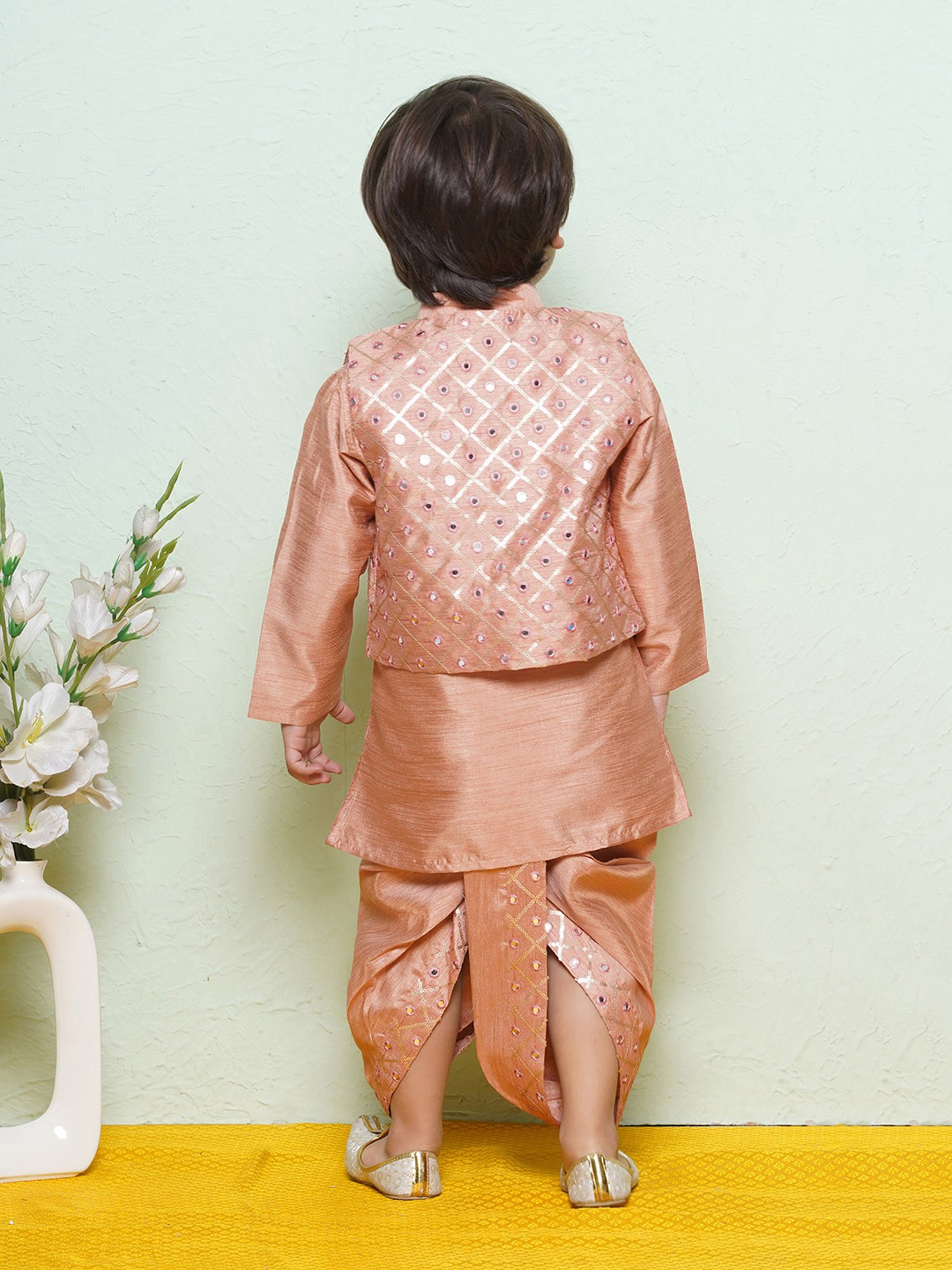AJ Dezines Kids Peach & Cream Embellished Full Sleeves Kurta, Dhoti with Waistcoat