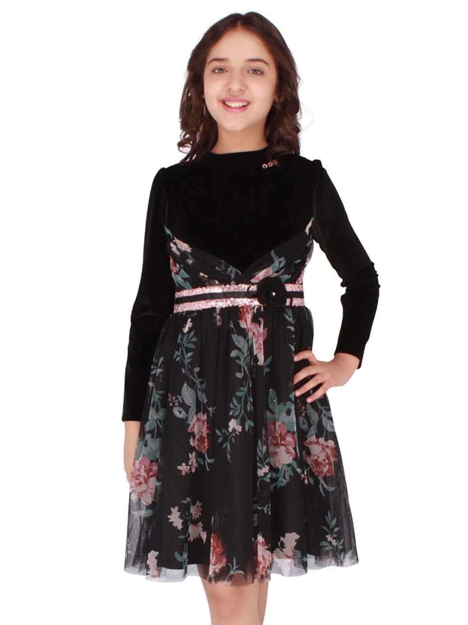 Cutecumber Kids Black Floral Print Full Sleeves Dress