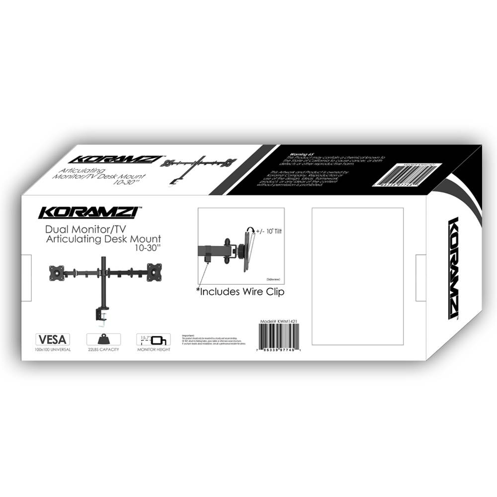 Koramzi Desk Dual Mount Stand for LCD/LED Monitor and TV Heavy Duty Fully Adjustable Arms and height, Fits 10" to 30" Monitors and TVs Includes wire clips- KWM1421 (Dual Arm)