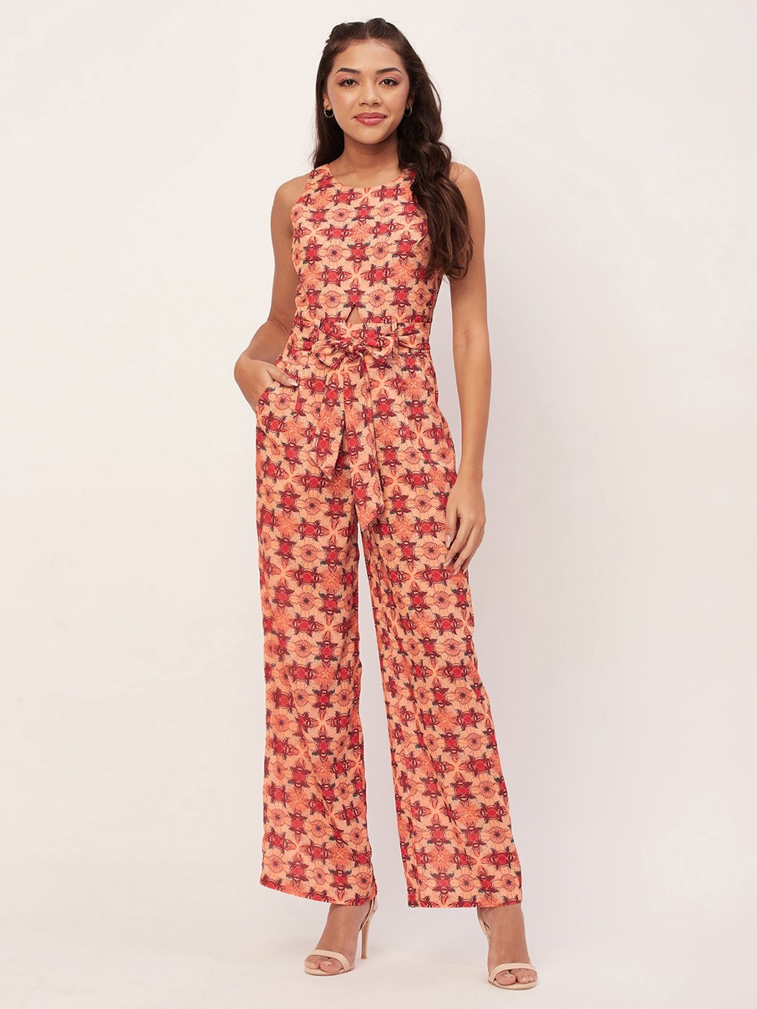 Moomaya Peach Floral Print Jumpsuit