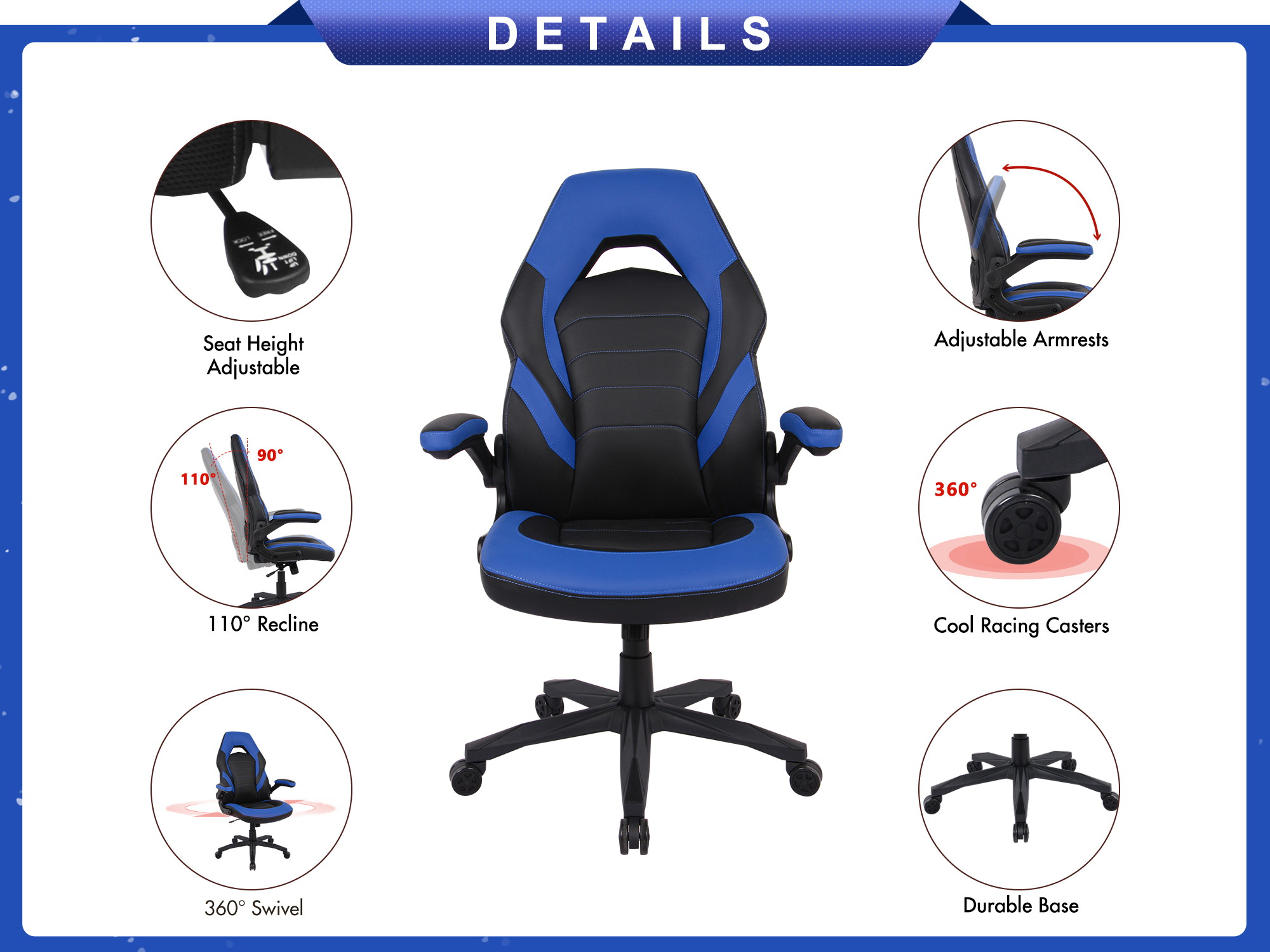 RIMIKING Bonded Leather Racing Ergonomic Gaming Chair Executive Computer Desk Office Chair with Height Adjustable 360&deg;Swivel Flip-up Arms Lumbar Support