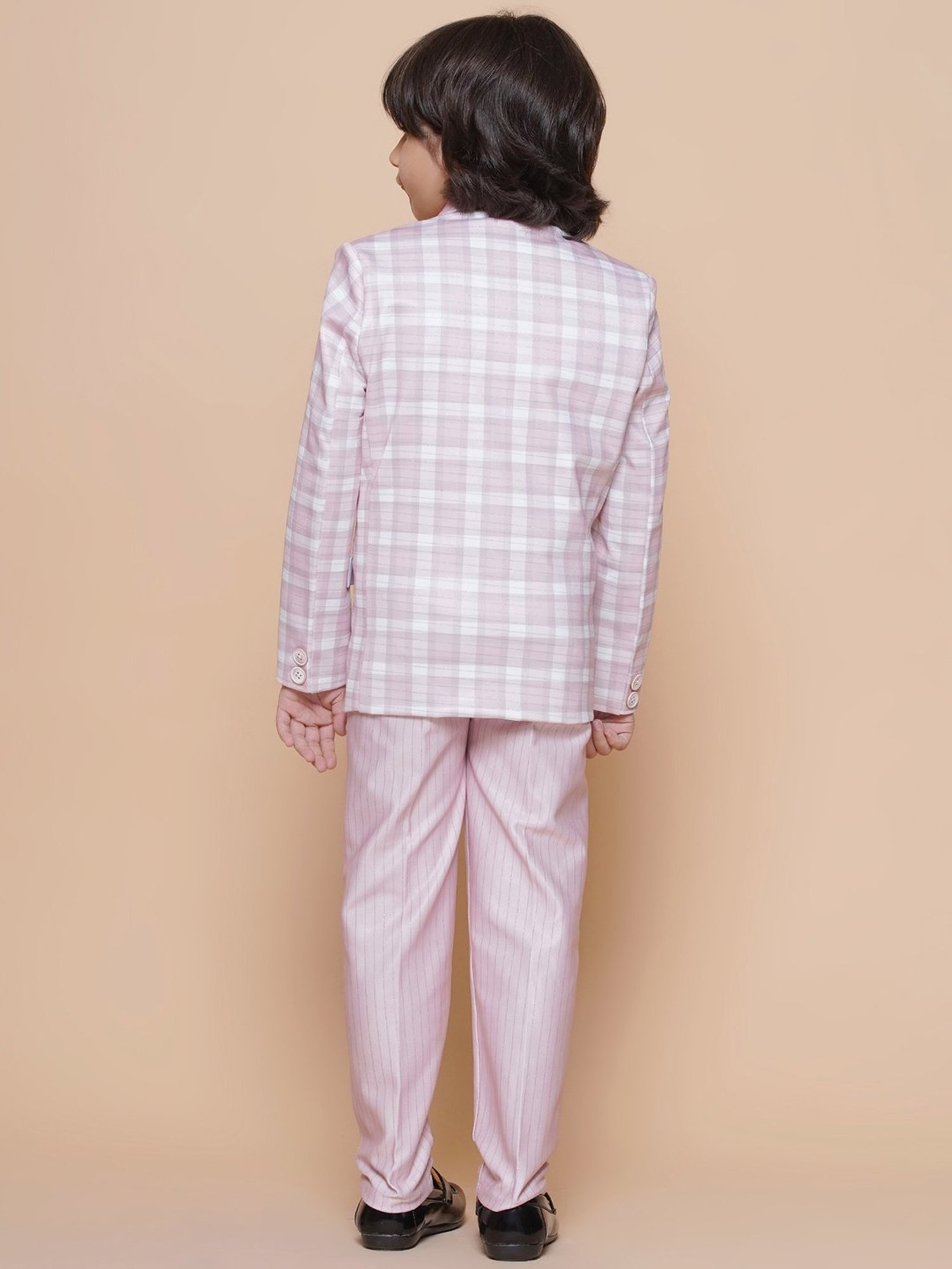AJ Dezines Kids Light Pink Checks Full Sleeves Shirt, Pants, Coat, Waistcoat with Tie