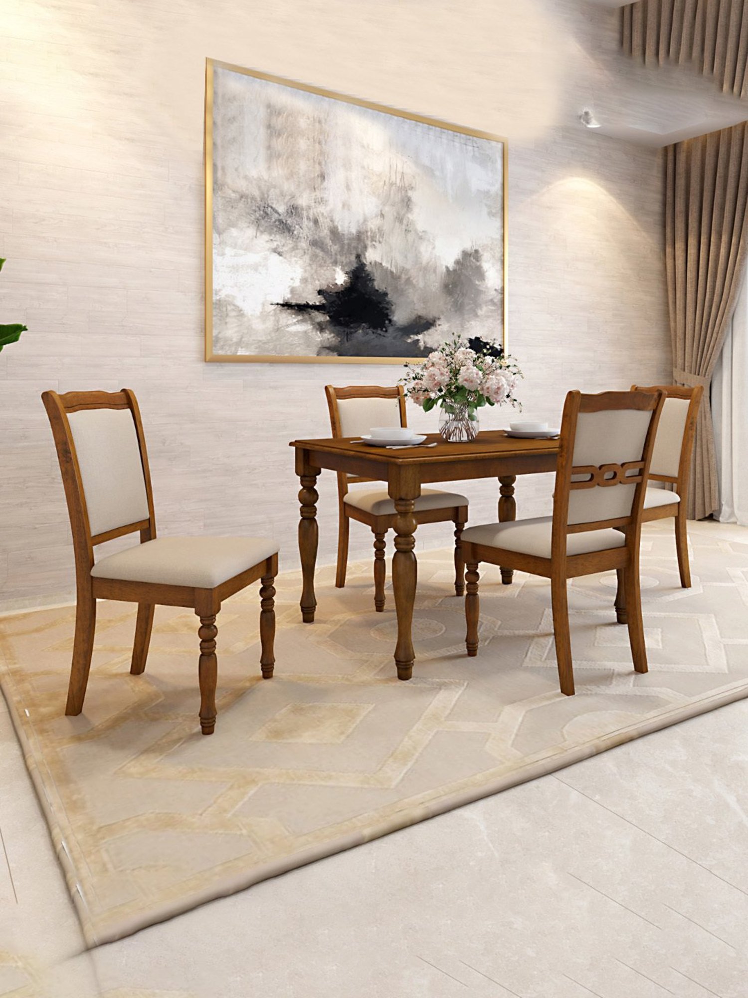 Durian Franceska Brown & Beige Solid Wood 4 Seater Dining Table Set