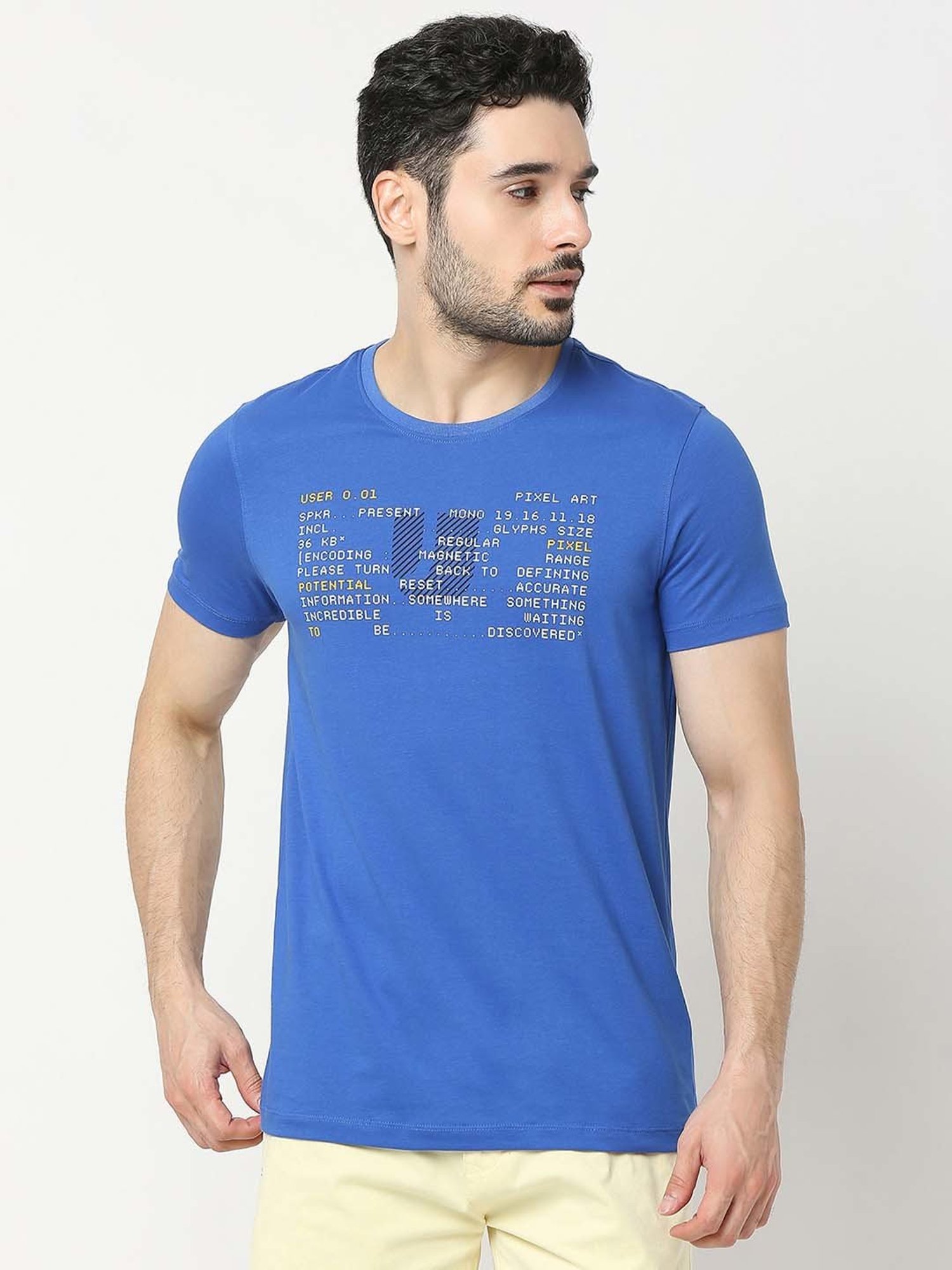 UnderJeans by Spykar Royal Blue Regular Fit Printed Cotton Crew T-Shirt