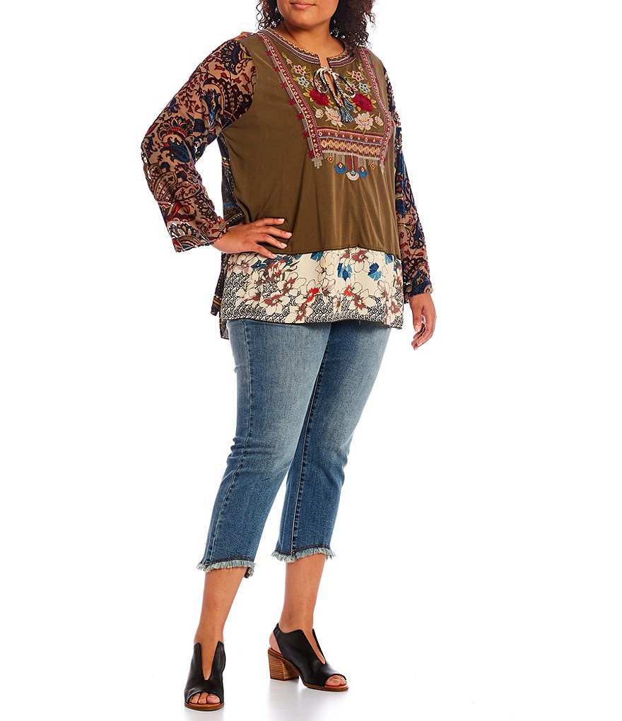 John Mark Plus Size Embroidered Long Sleeve Mixed Media Roll Tab Burnout Sleeve Top