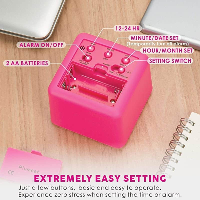 Digital Alarm Clocks Travel Clock with Snooze and Pink Nightlight Easy Setting Clock Display Time Date Alarm Ascending Sound Battery Powered Pink
