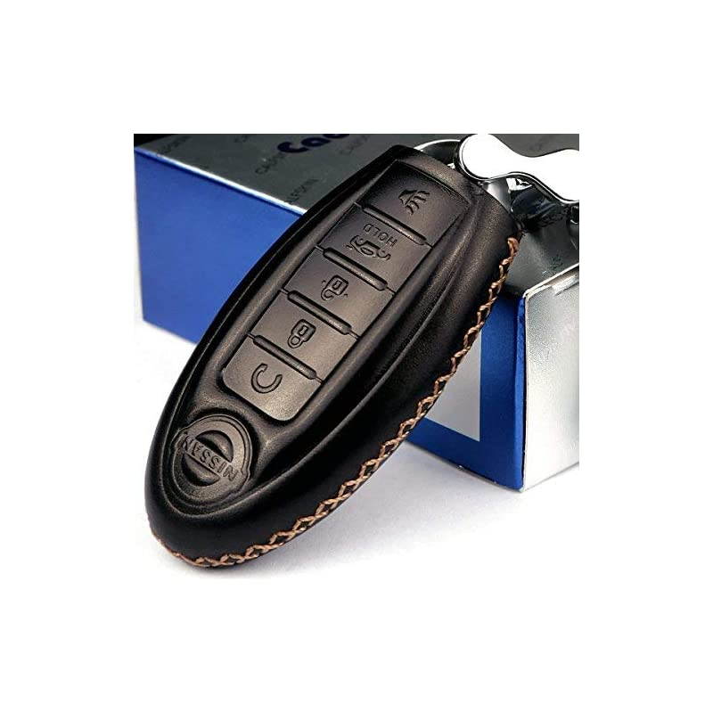 Calfskin Genuine Leather 20082018 Nissan Altima Maxima Murano Pathfinder Rogue Armada Key fob Cover case Holder only for 5 Buttons Black Color 5 Buttons