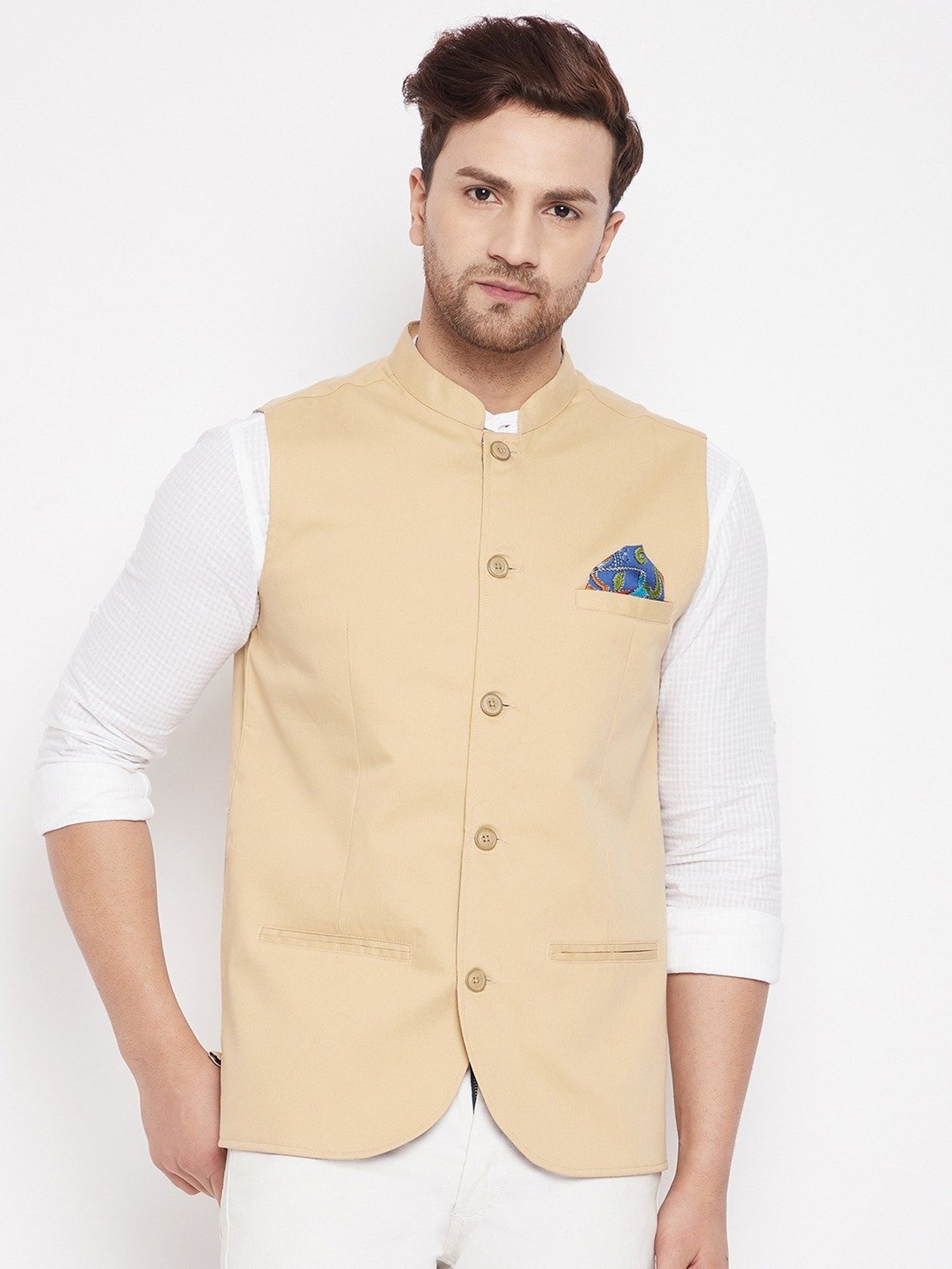 Even Beige Regular Fit Nehru Jacket