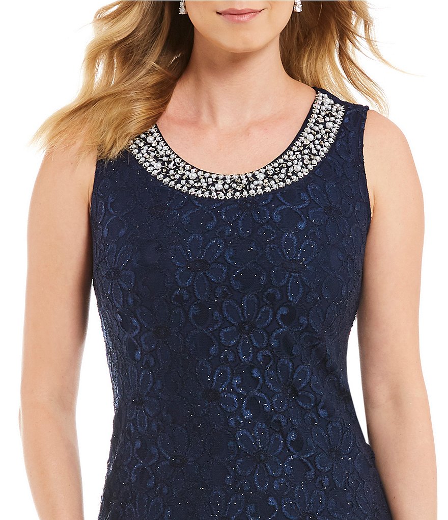 R & M Richards Petite Size Beaded Scoop Neck 3/4 Sleeve Lace 2-Piece Glitter Jacket Dress