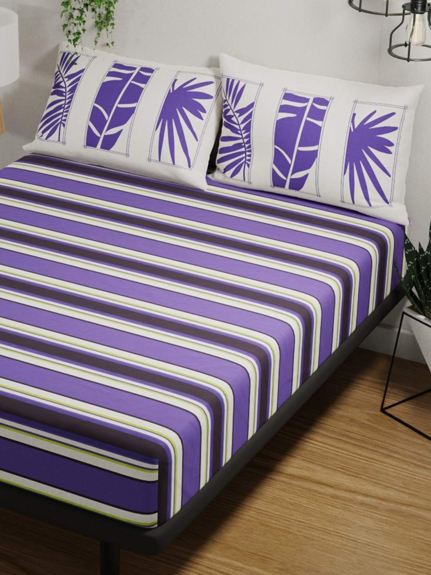 Bianca PLATINUM Stripes Purple 144 TC Cotton Double Bedsheet with 2 Pillow Covers