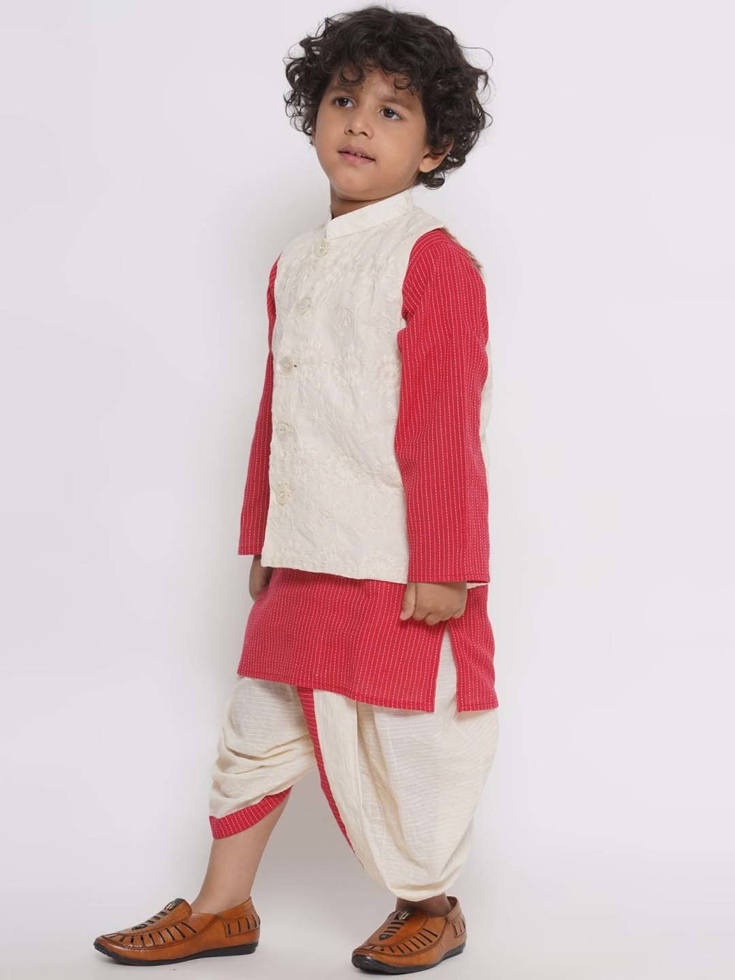 Little Bansi Red & White Cotton Embroidered Full Sleeves Kurta Set