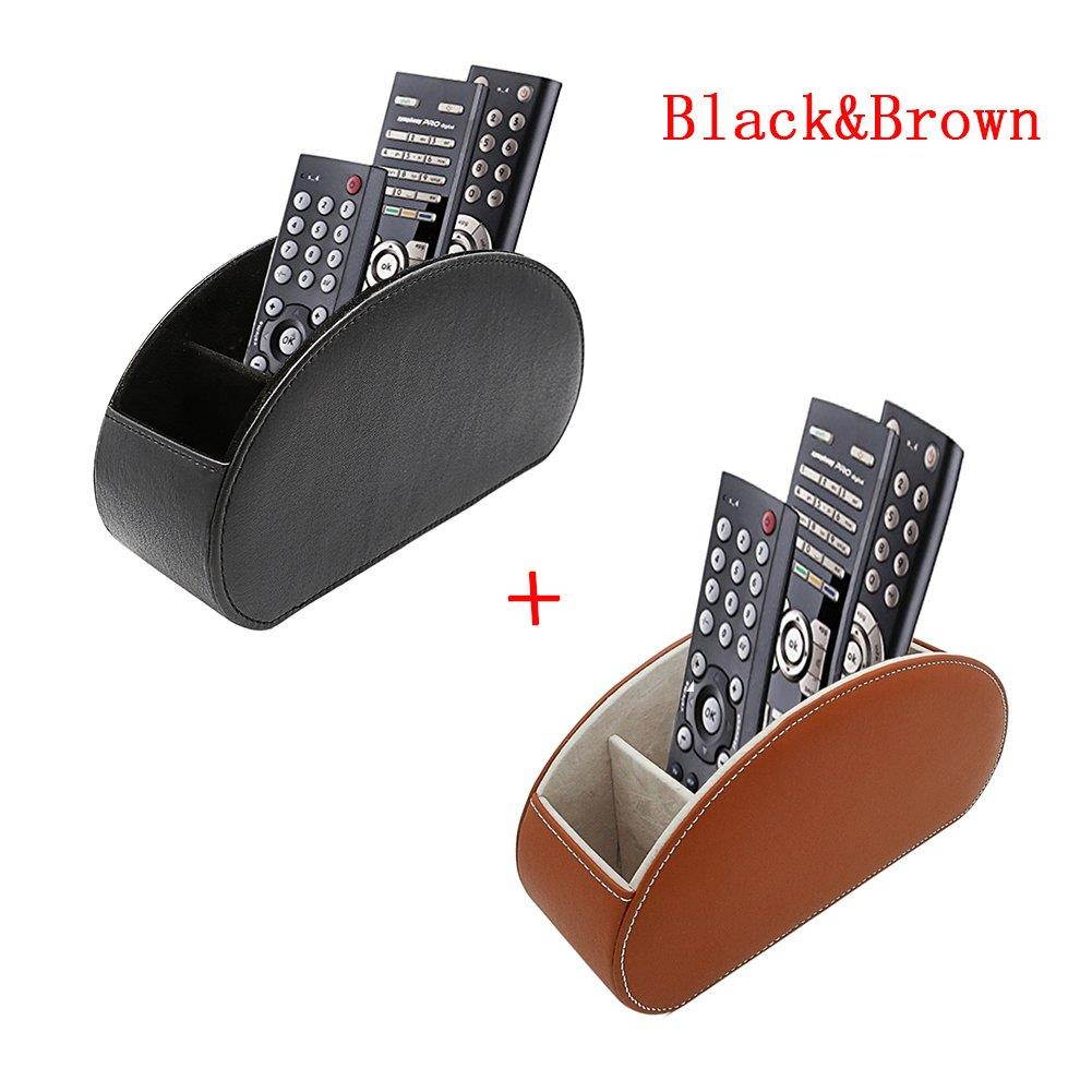 Fosinz Remote Control Holder Organizer Leather Control Storage TV Remote Control Organizer with 5 Spacious Compartments (Black+Brown)