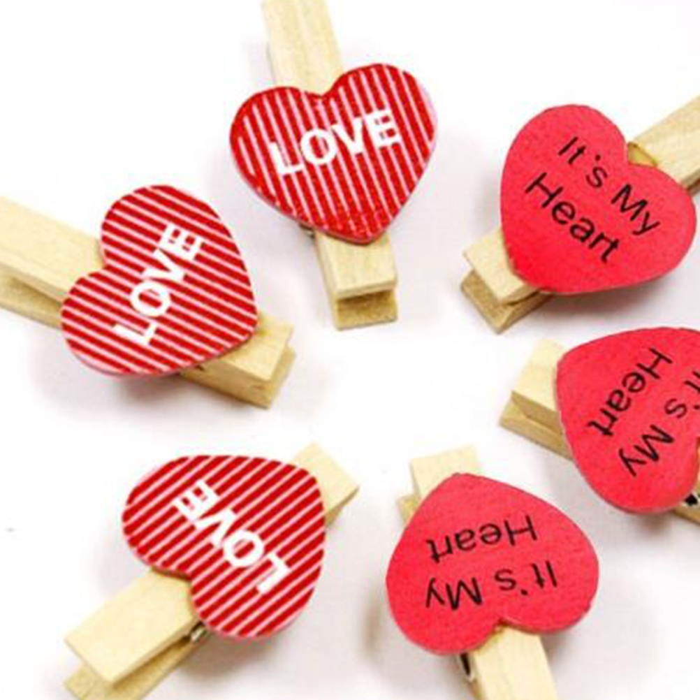 50PCS Decorative Wooden Clamp Clips Photo Clips Note Memo Holder Heart Shape Craft Clips for Party Decoration (Love)